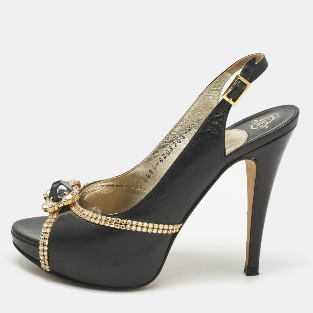 Gina Black Leather Crystal Embellished Slingback Pumps Size 37 Gina Black Leather Crystal Embellished Slingback Pumps Size 37