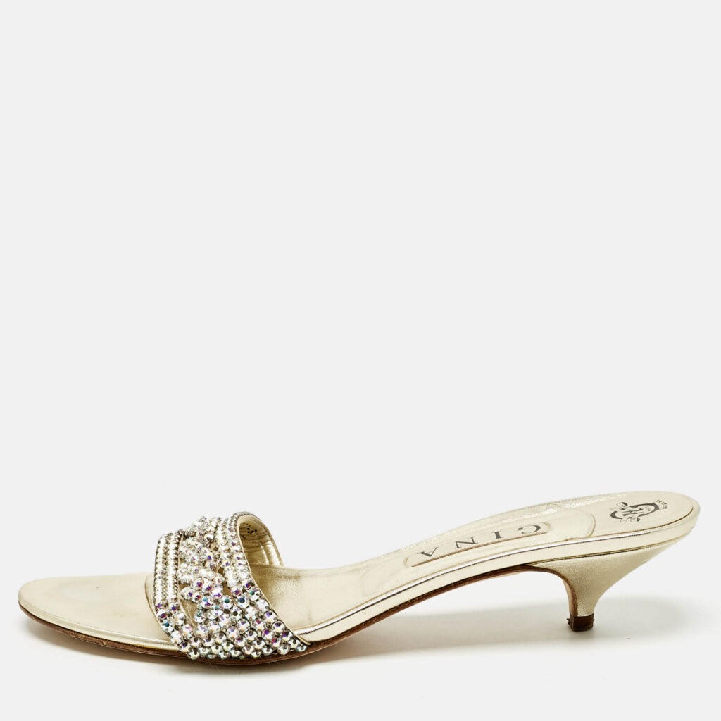 Gina Gold Leather Crystals Embellished Sain Slide Sandals Size 41 Gina Gold Leather Crystals Embellished Sain Slide Sandals Size 41