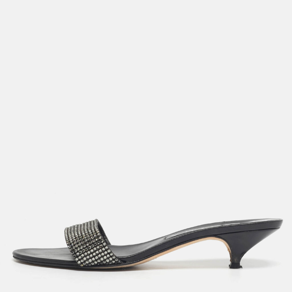 Gina Black/Silver Leather Crystal Embellished Slide Sandals Size 40 Gina Black/Silver Leather Crystal Embellished Slide Sandals Size 40