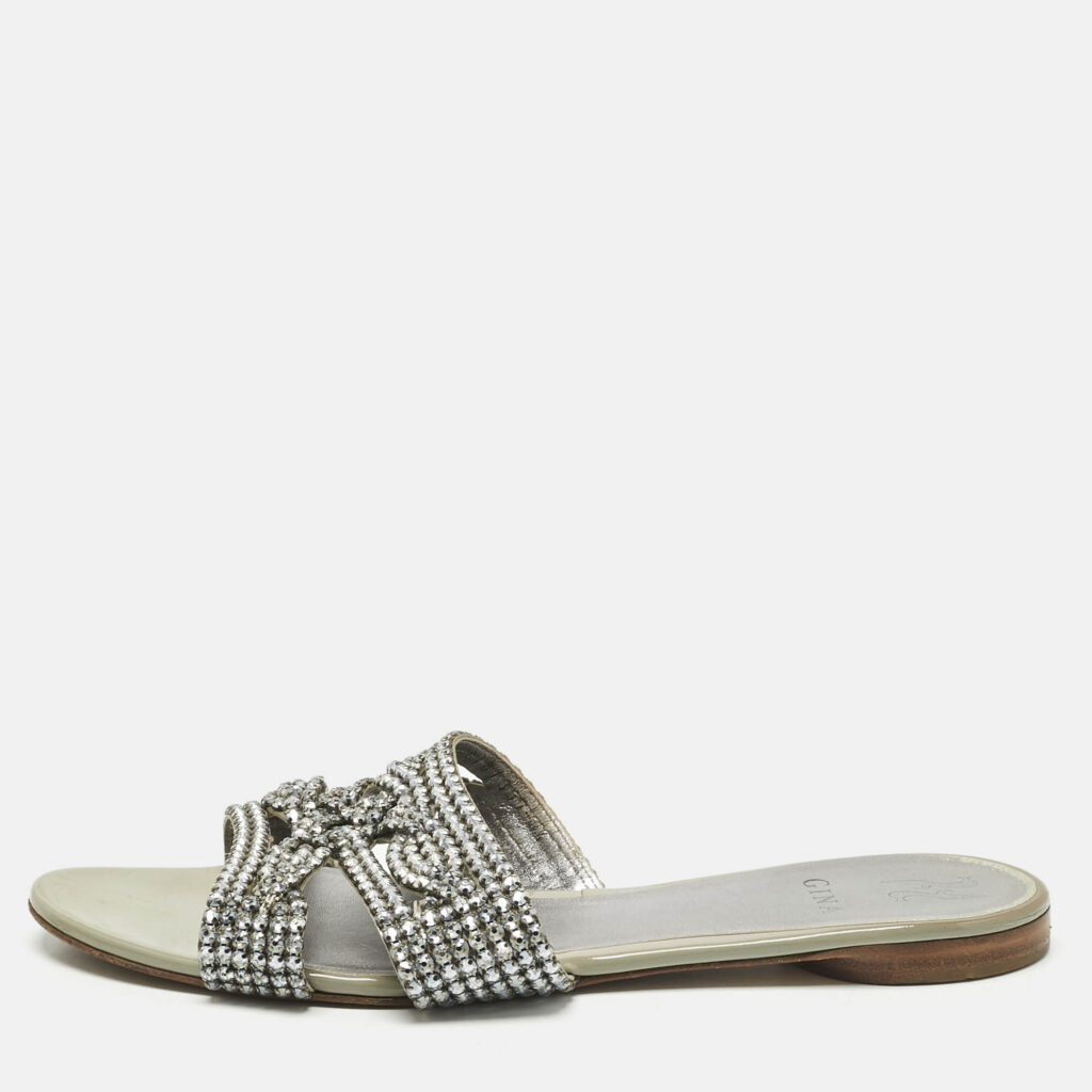 Gina Silver Leather Crystal Embellished Loren Flat Slides Size 41.5