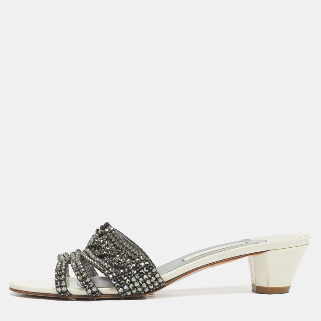 Gina Cream Patent Leather Crystal Embellished Slides Sandals Size 41.5