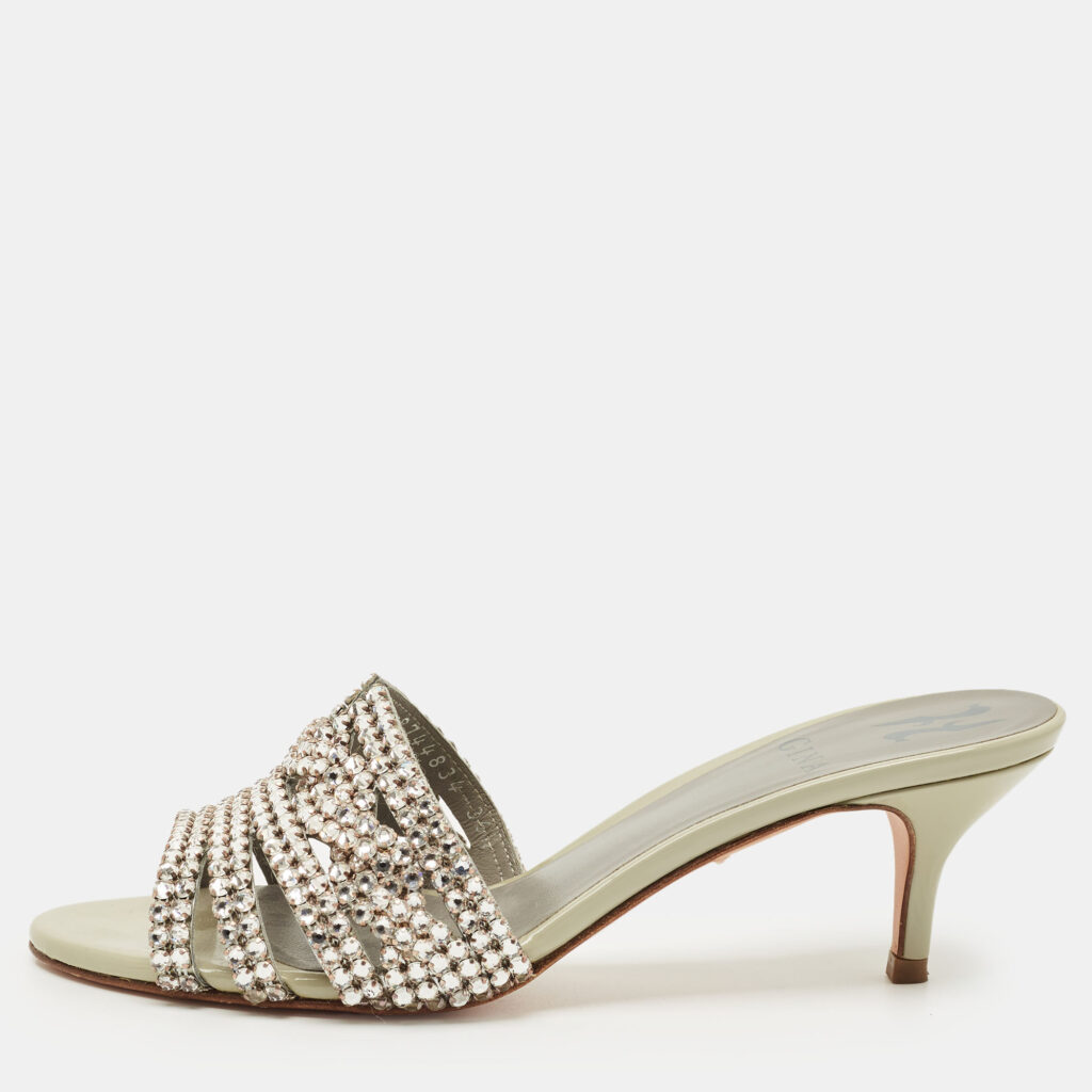 Gina Grey Patent Leather Crystal Embellished Slide Sandals Size 36.5