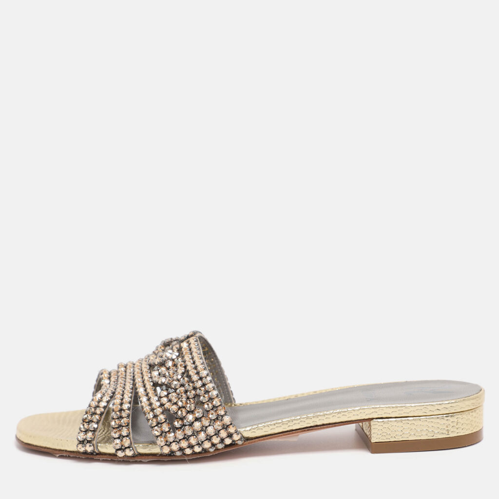Gina Gold Leather Crystal Embellished Flat Slide Sandals Size 38.5 Gina Gold Leather Crystal Embellished Flat Slide Sandals Size 38.5