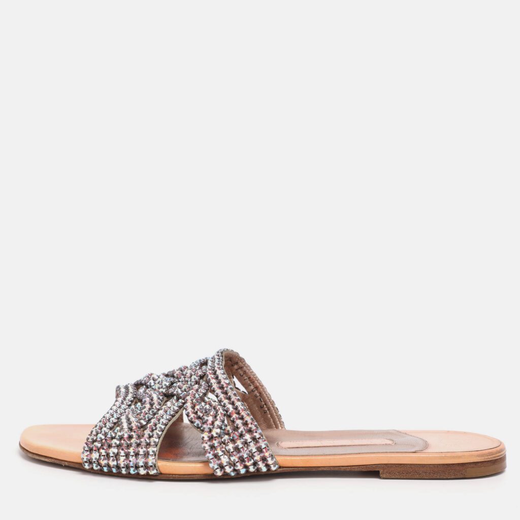 Gina Coral Leather Crystal Embellished Flat Sandals Size 38.5 Gina Coral Leather Crystal Embellished Flat Sandals Size 38.5
