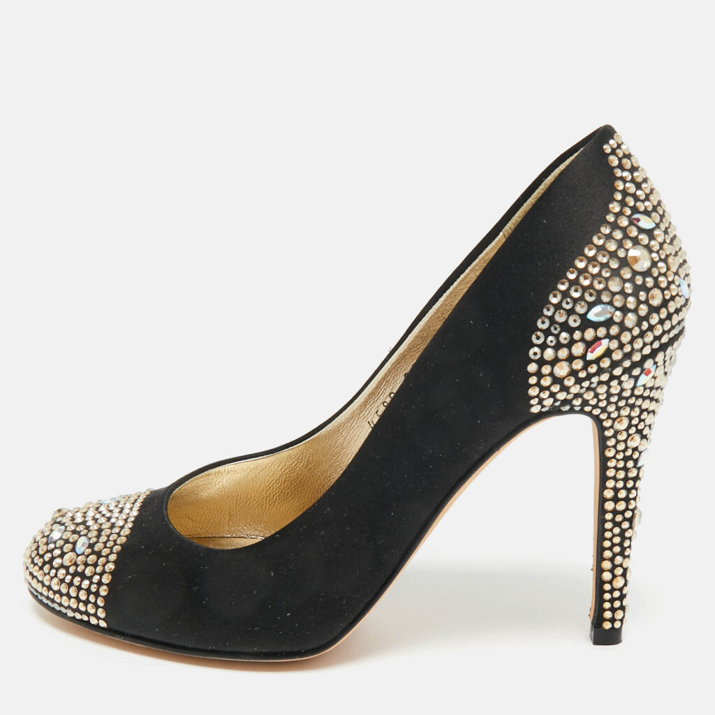 Gina Black Satin Crystals Embellished Pumps Size 36.5