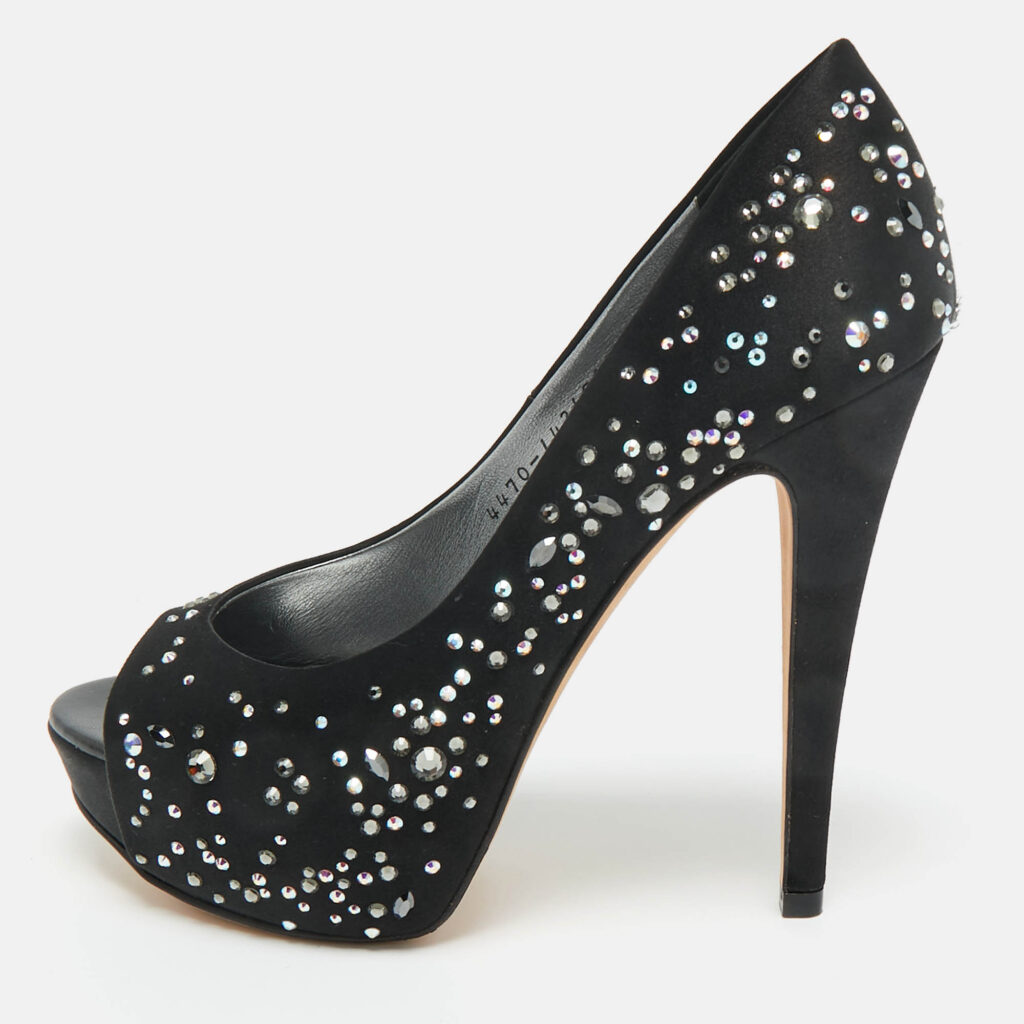 Gina Black Crystal Embellished Satin Open Toe Platform Pumps Size 39 Gina Black Crystal Embellished Satin Open Toe Platform Pumps Size 39