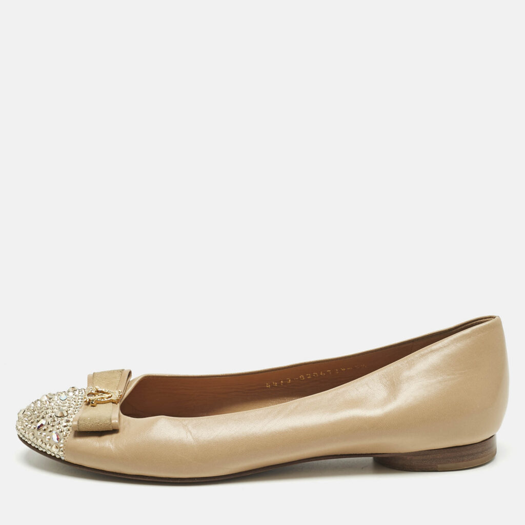 Gina Beige Leather and Satin Bow Detail Crystal Embellish Ballet Flats Size 38 Gina Beige Leather and Satin Bow Detail Crystal Embellish Ballet Flats Size 38