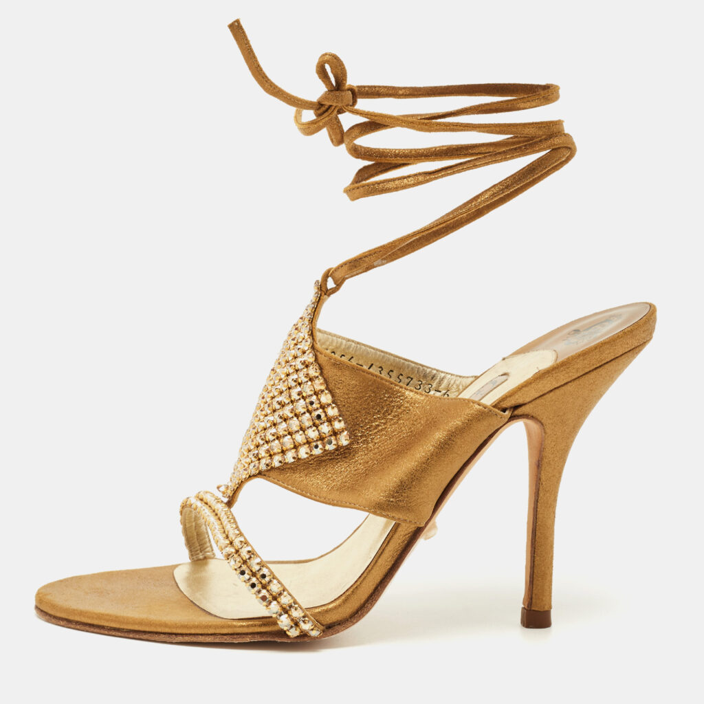 luxury-women-gina-used-shoes-p1217553-001-1.jpg Gina Gold Nubuck Leather Crystal Embellish Ankle Wrap Sandals Size 39
