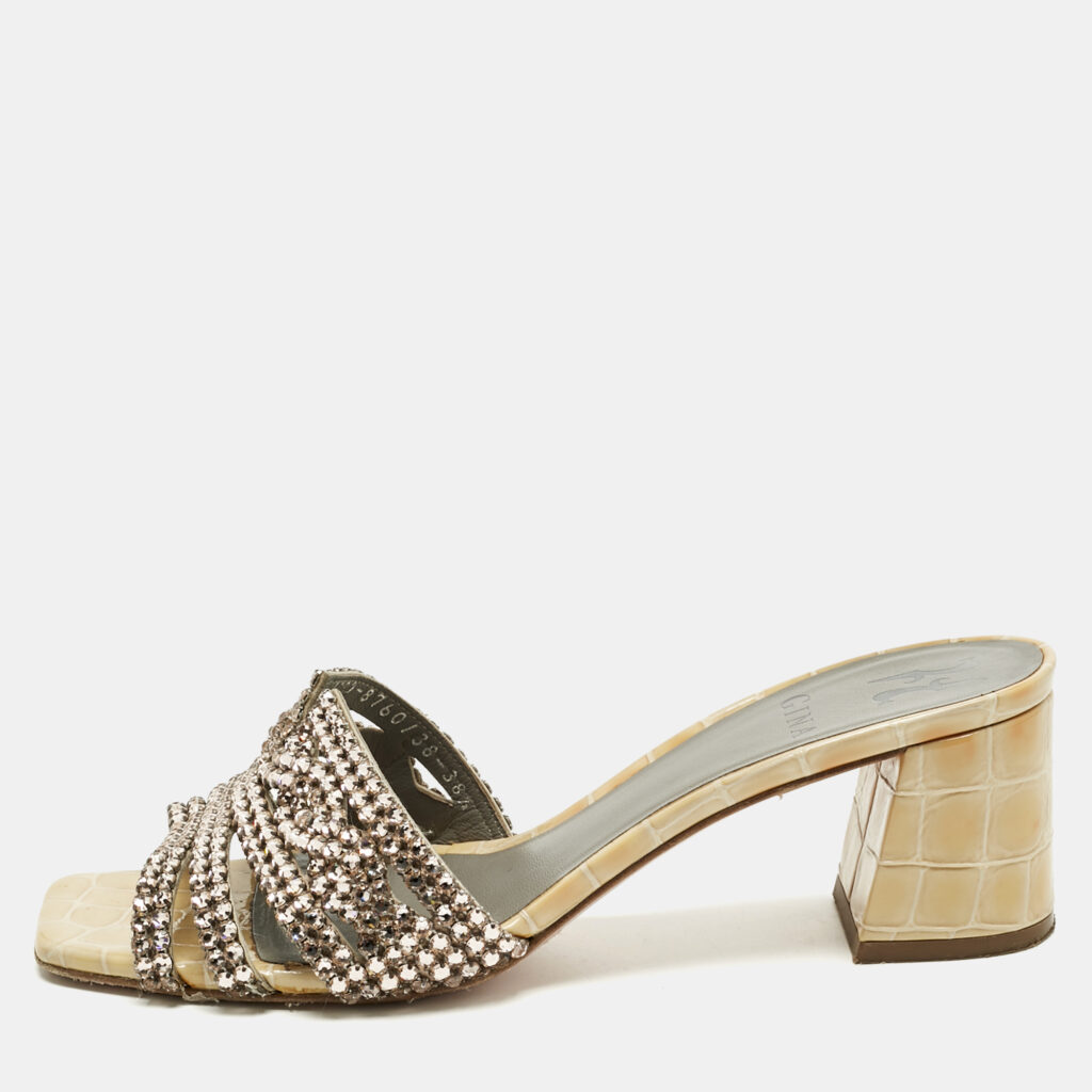 Gina Beige Croc Embossed Patent Leather and Leather Crystal Embellished Slide Sandals Size 38.5