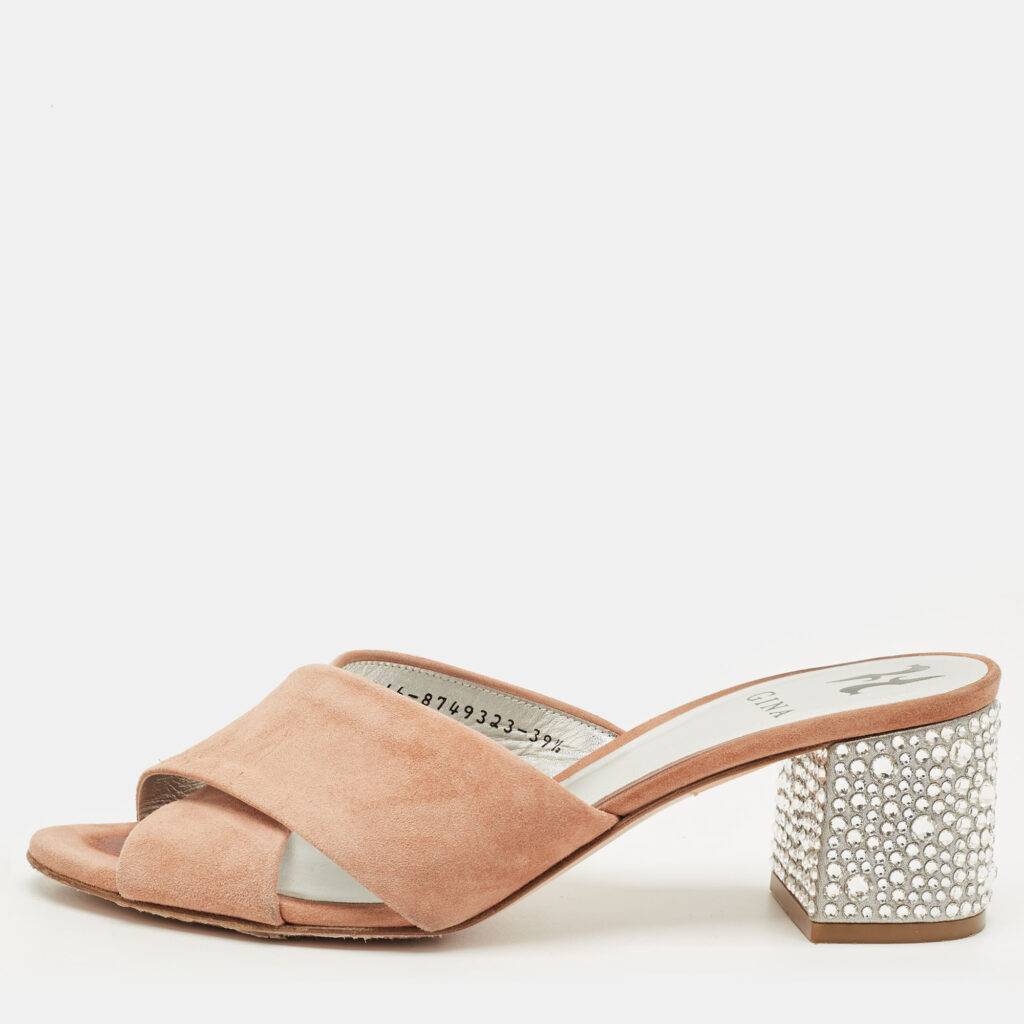 Gina Beige Suede Cross Strap Crystal Embellished Block Heel Slide Sandals Size 39.5 Gina Beige Suede Cross Strap Crystal Embellished Block Heel Slide Sandals Size 39.5