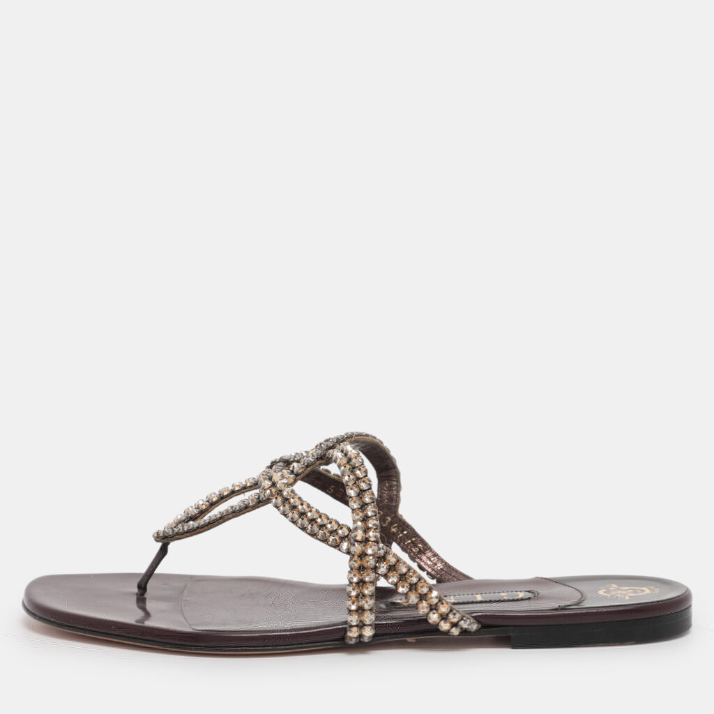 Gina Burgundy Crystal Embellished Leather Thong Flat Slides Size 38.5 Gina Burgundy Crystal Embellished Leather Thong Flat Slides Size 38.5