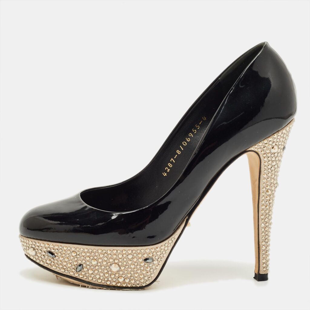 Gina Black Patent Leather Crystal Embellished Platform Pumps Size 37