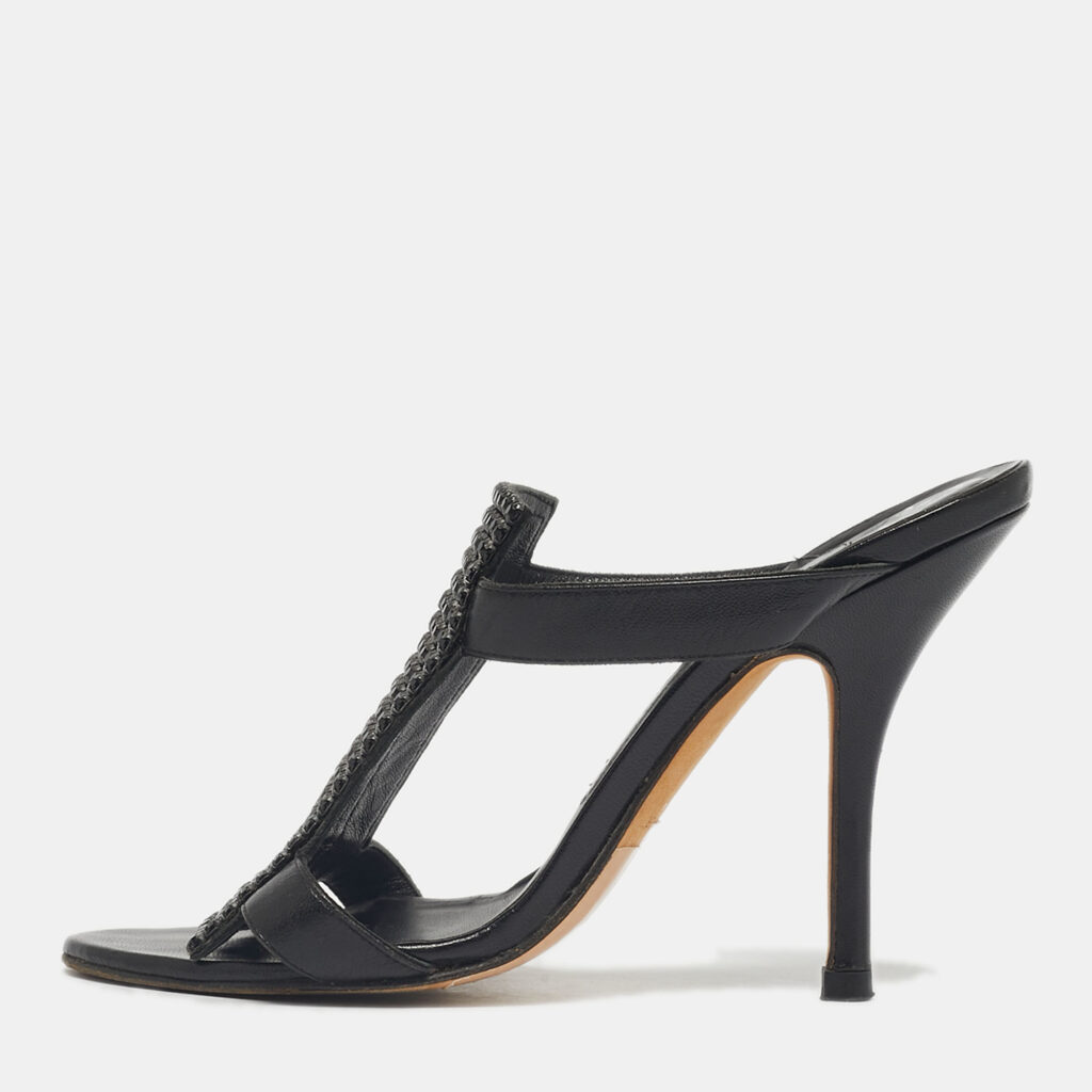 Gina Black Crystals and Leather Slide Sandals Size 37 Gina Black Crystals and Leather Slide Sandals Size 37