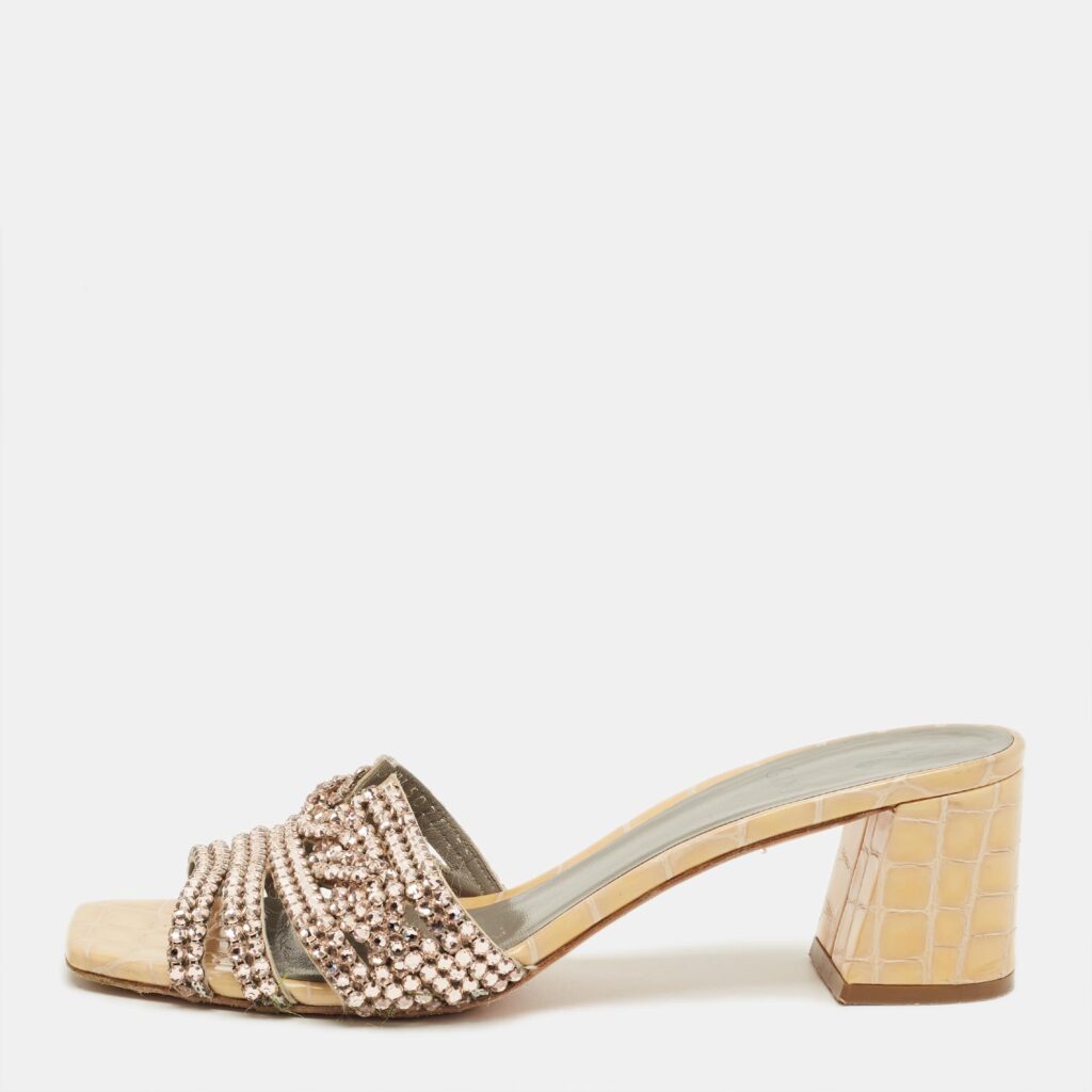 Gina Beige Croc Embosse and Leather Crystal Embellished Loren Slide Sandals Size 39 Gina Beige Croc Embosse and Leather Crystal Embellished Loren Slide Sandals Size 39
