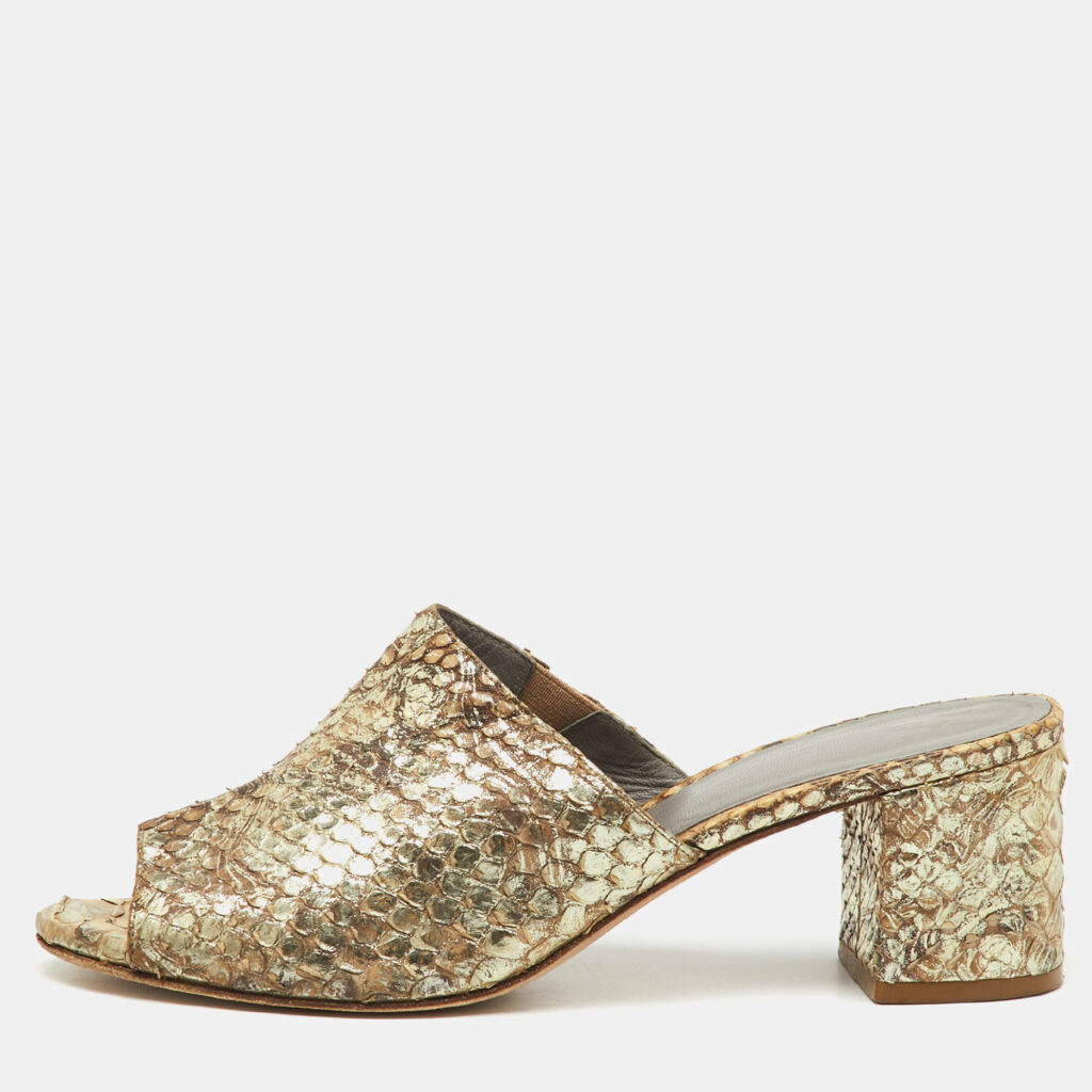 Gina Metallic Beige Snakeskin Leather Block Heel Slide Sandals Size 38