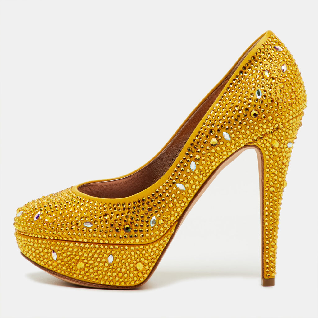 Gina Yellow Satin Dolly Crystal Embellished Platform Pumps Size 37.5 Gina Yellow Satin Dolly Crystal Embellished Platform Pumps Size 37.5