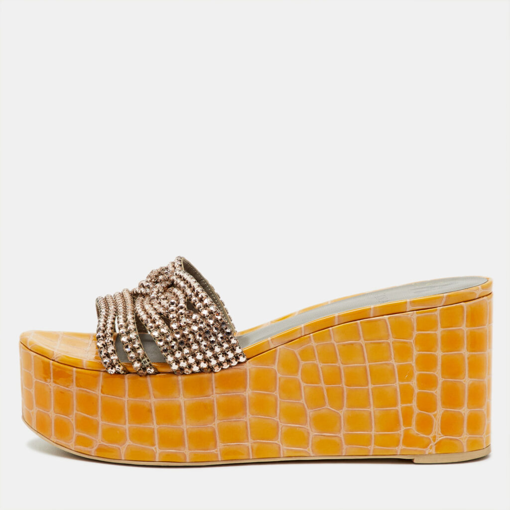Gina Yellow Croc Embossed Patent Leather Crystal Wedge Platform Sandals Size 40.5 Gina Yellow Croc Embossed Patent Leather Crystal Wedge Platform Sandals Size 40.5