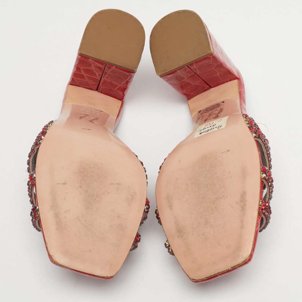 Gina Red Leather Crystal Embellished Slide Sandals Size 36