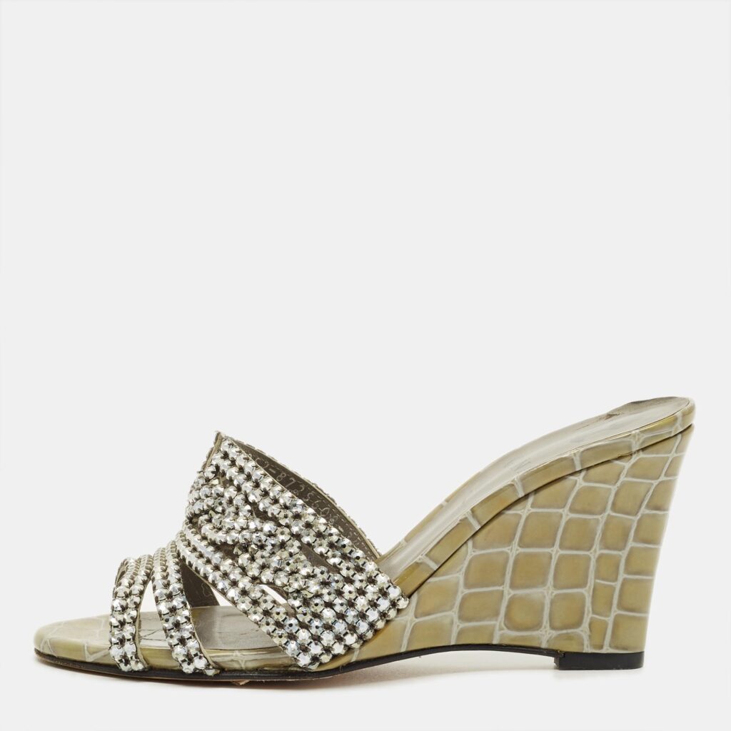 Gina Grey Croc Embossed Leather and Leather Rodeo Wedge Slide Sandals Size 36.5 Gina Grey Croc Embossed Leather and Leather Rodeo Wedge Slide Sandals Size 36.5