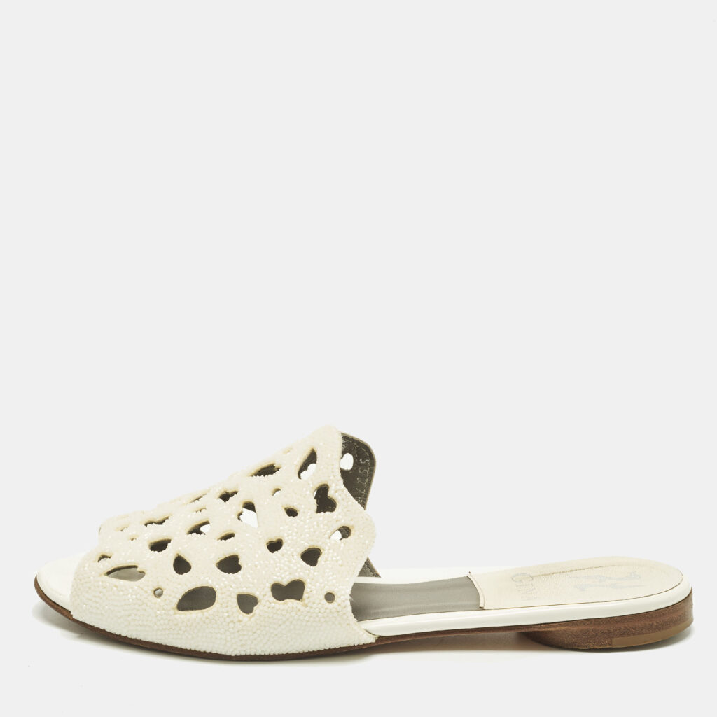 Gina Cream Laser-Cut Leather Embellishment Flat Sandals Size 37.5 Gina Cream Laser-Cut Leather Embellishment Flat Sandals Size 37.5