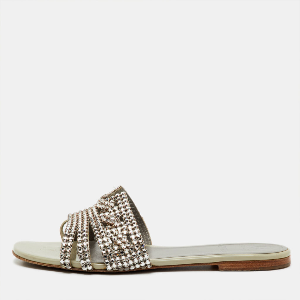 Gina Grey Leather Loren Crystal Embellished Flat Slide Sandals Size 39