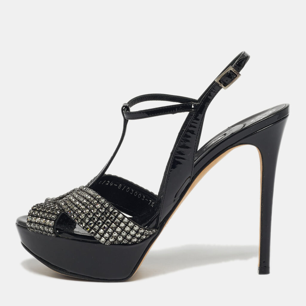 Gina Size 40.5 Black Patent Leather Crystal Embellished T-Strap Platform Sandals Gina Size 40.5 Black Patent Leather Crystal Embellished T-Strap Platform Sandals