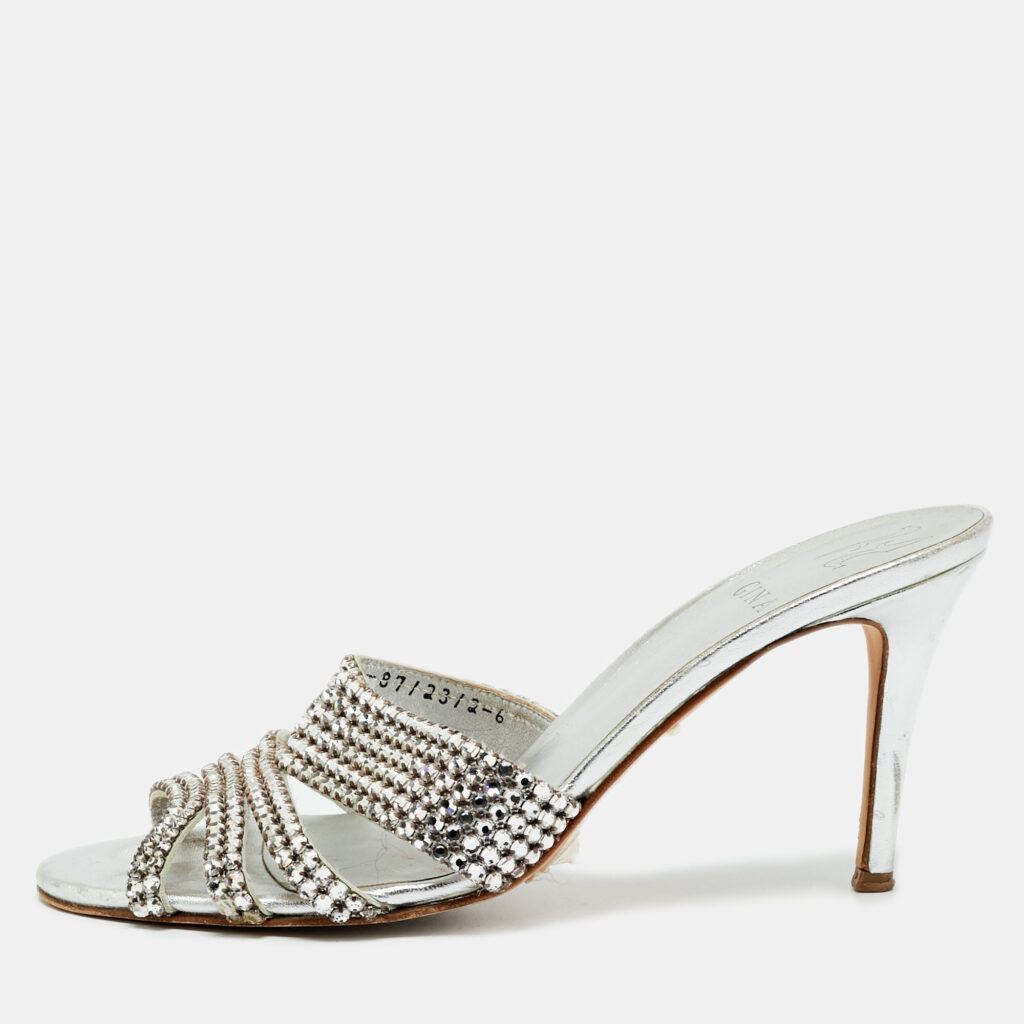 Gina Size 39 Silver Leather Crystal Embellished Slide Sandals