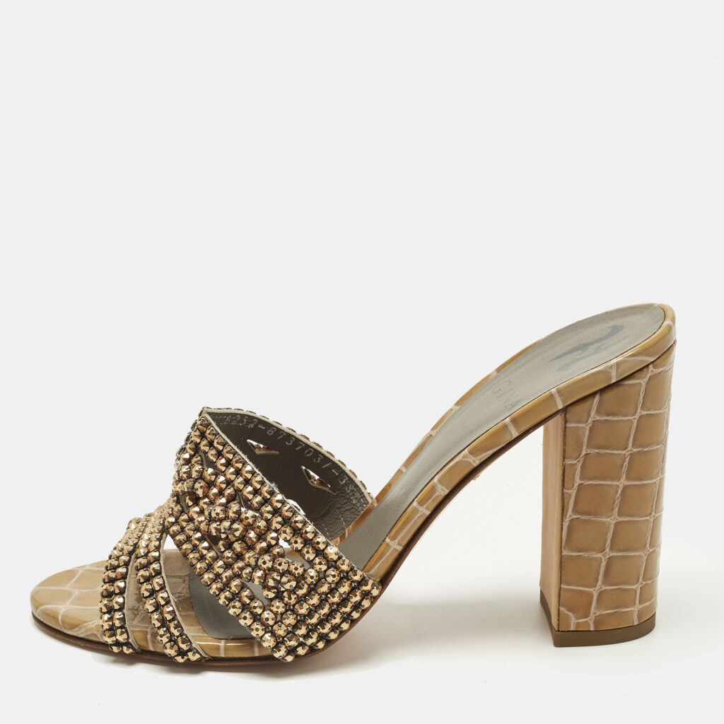Gina Size 38.5 Brown Croc Embossed Leather Crystal Embellished Slide Sandals