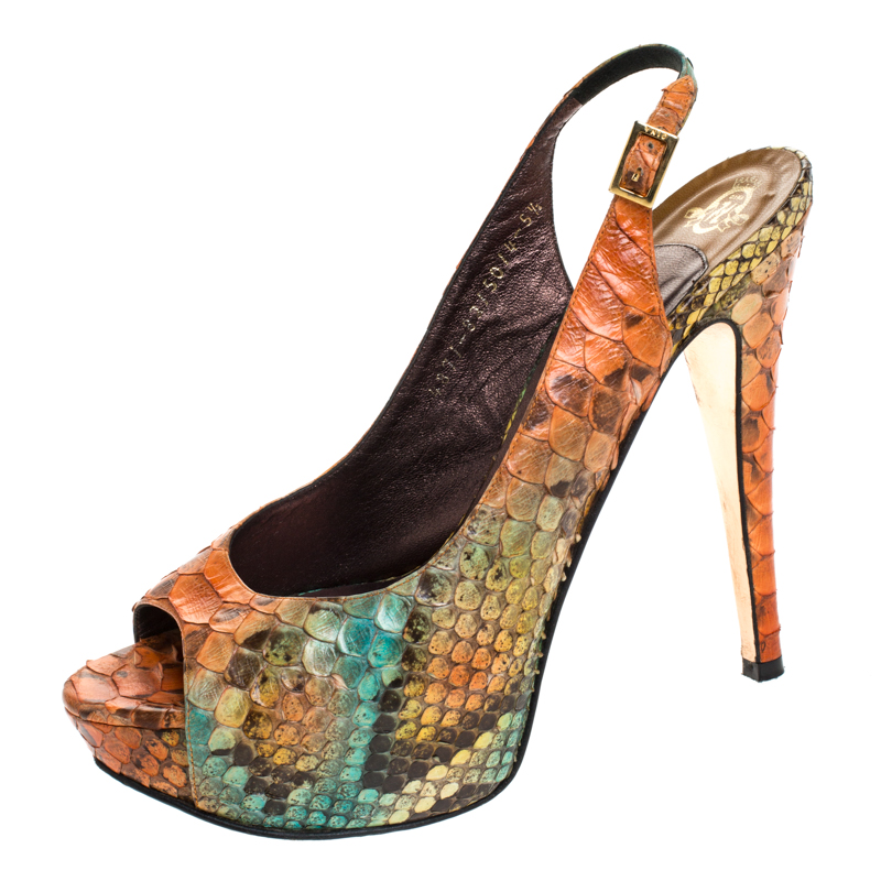 Gina Multicolor Python Leather Peep Toe Platform Slingback Sandals Size 38.5 Gina Multicolor Python Leather Peep Toe Platform Slingback Sandals Size 38.5