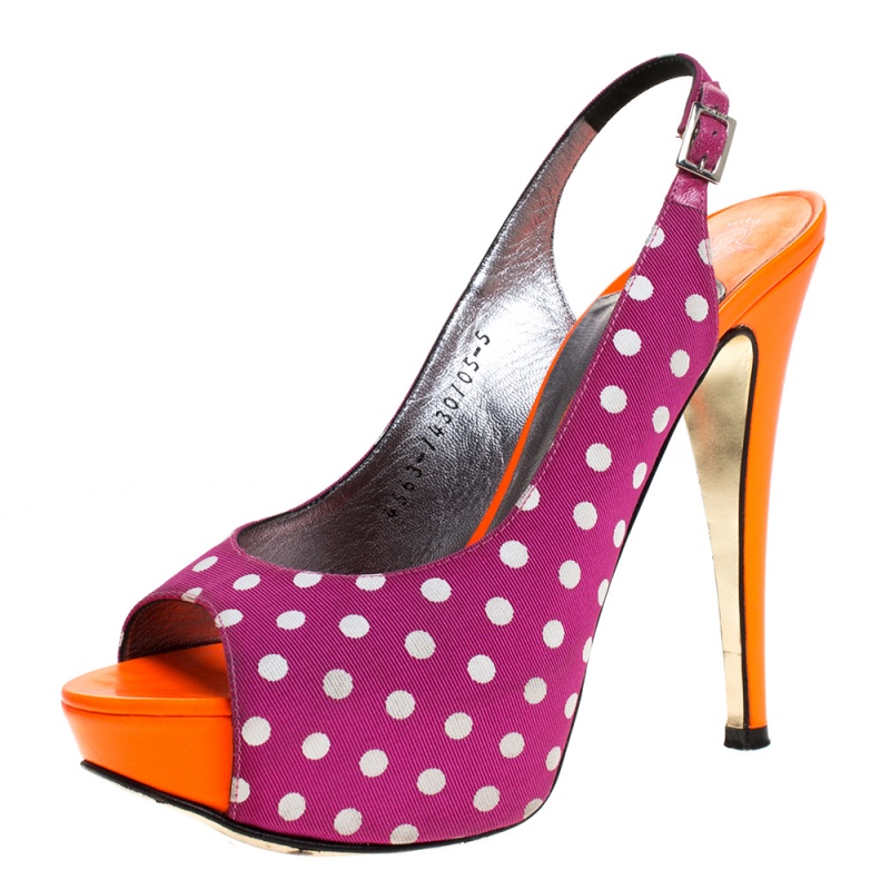 Gina Purple/Orange Polka Dot Fabric And Patent Open Toe Slingback Sandals Size 38 Gina Purple/Orange Polka Dot Fabric And Patent Open Toe Slingback Sandals Size 38