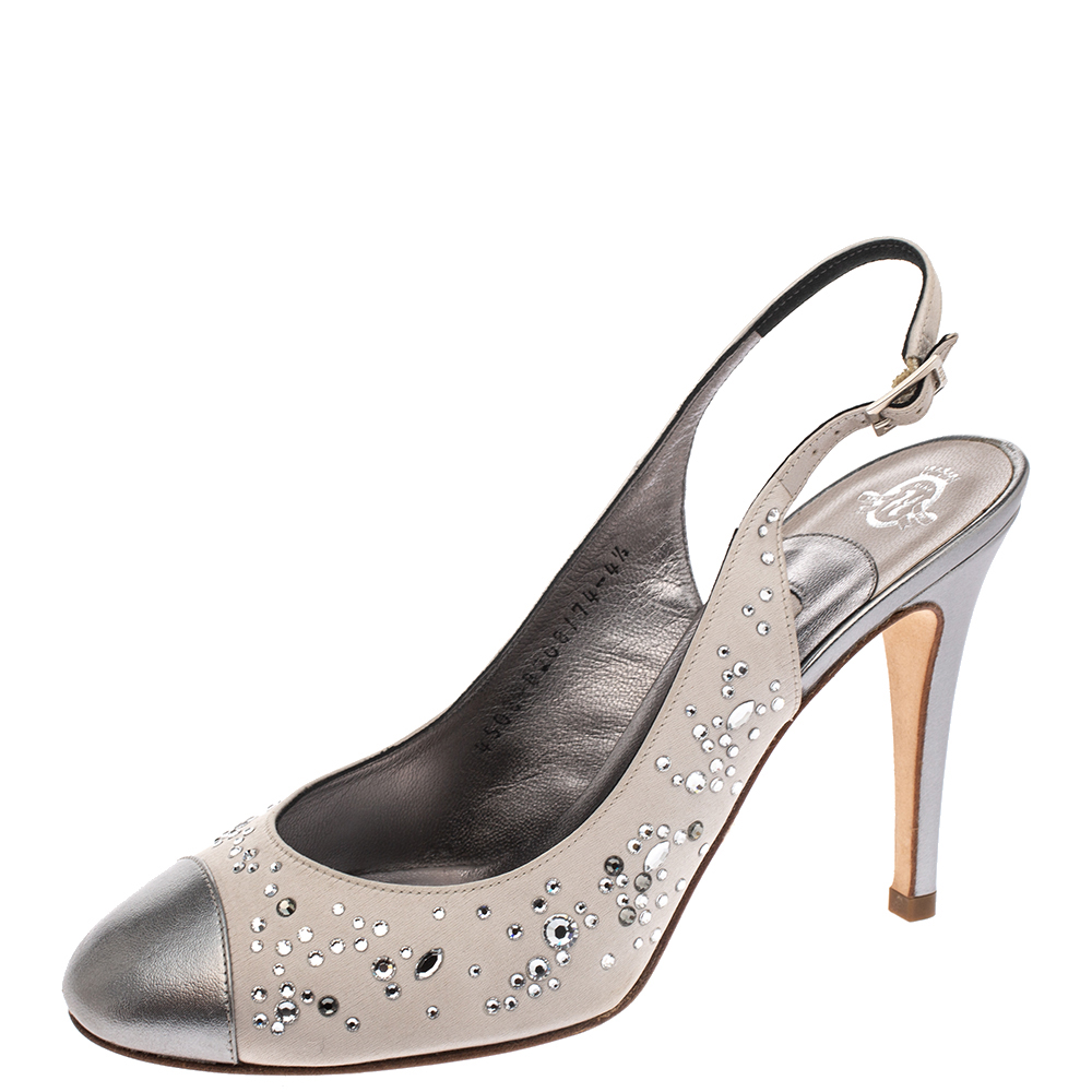 Gina Metallic Silver Satin and Leather Crystal Embellished Slingback Sandals Size 37.5 Gina Metallic Silver Satin and Leather Crystal Embellished Slingback Sandals Size 37.5