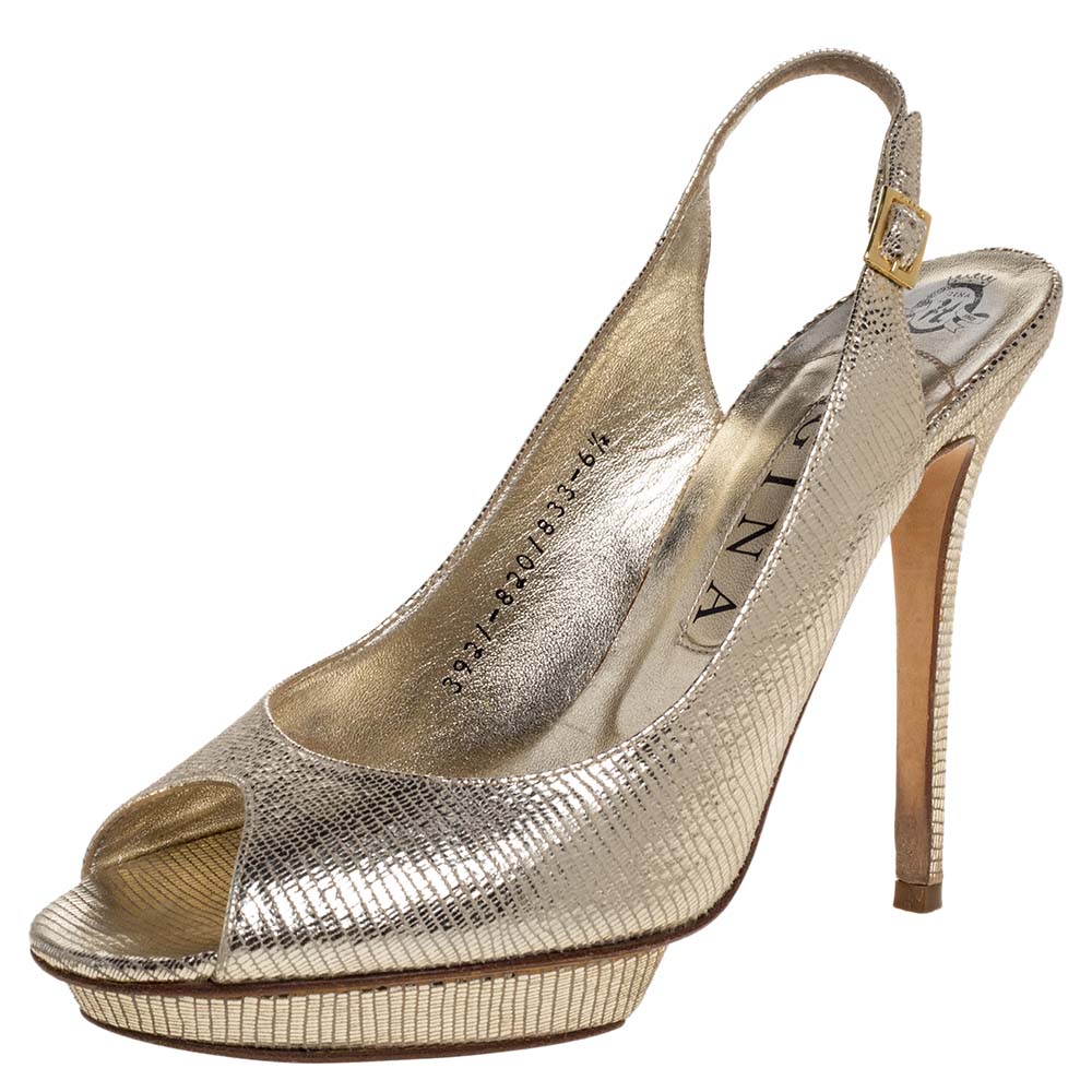 Gina Metallic Gold Lizard Embossed Leather Platform Peep Toe Slingback Sandals Size 39.5 Gina Metallic Gold Lizard Embossed Leather Platform Peep Toe Slingback Sandals Size 39.5
