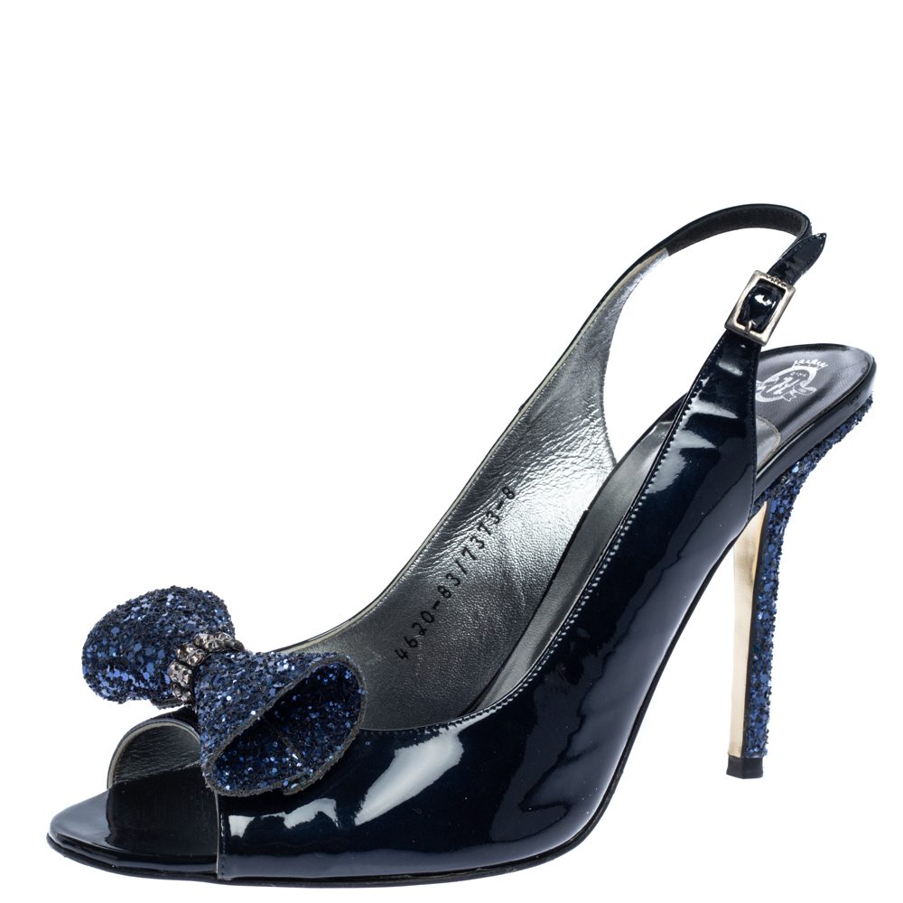 Gine Blue Patent Leather And Glitter Bow Embellished Slingback Open Toe Sandals Size 41 Gine Blue Patent Leather And Glitter Bow Embellished Slingback Open Toe Sandals Size 41
