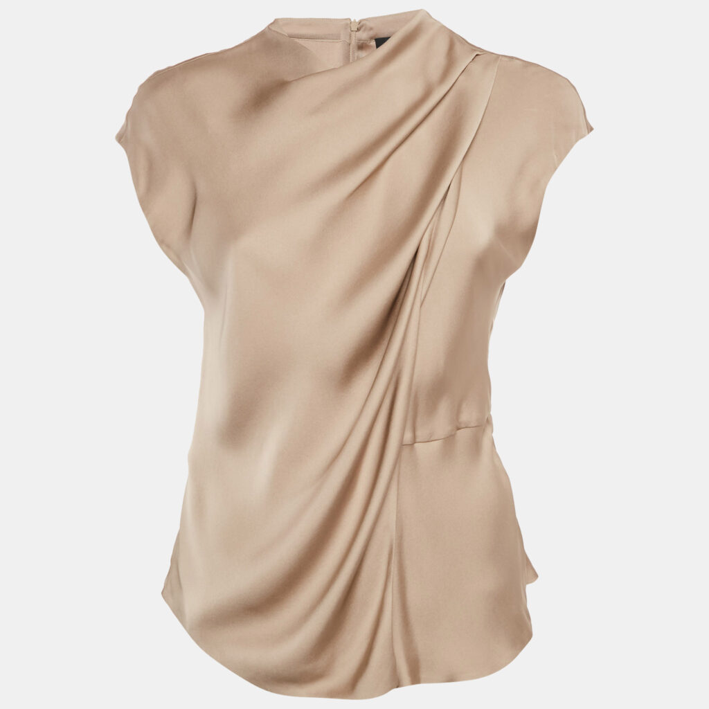 Giorgio Armani Beige Satin Cowl Neck Cap Sleeve Top M Giorgio Armani Beige Satin Cowl Neck Cap Sleeve Top M