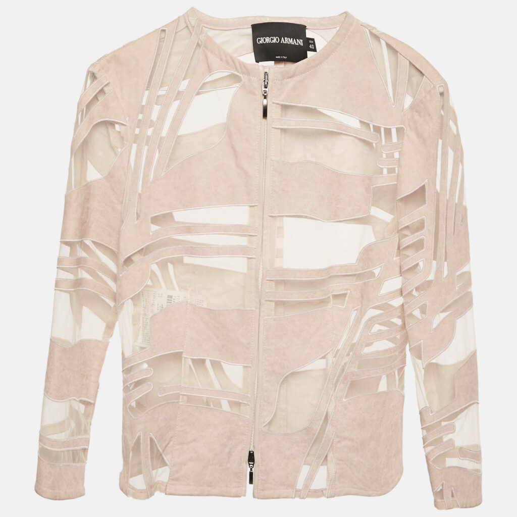 luxury-women-giorgio-armani-used-clothes-p1234463-007.jpg Giorgio Armani Pink Suede and Tulle Zip-Up Jacket S