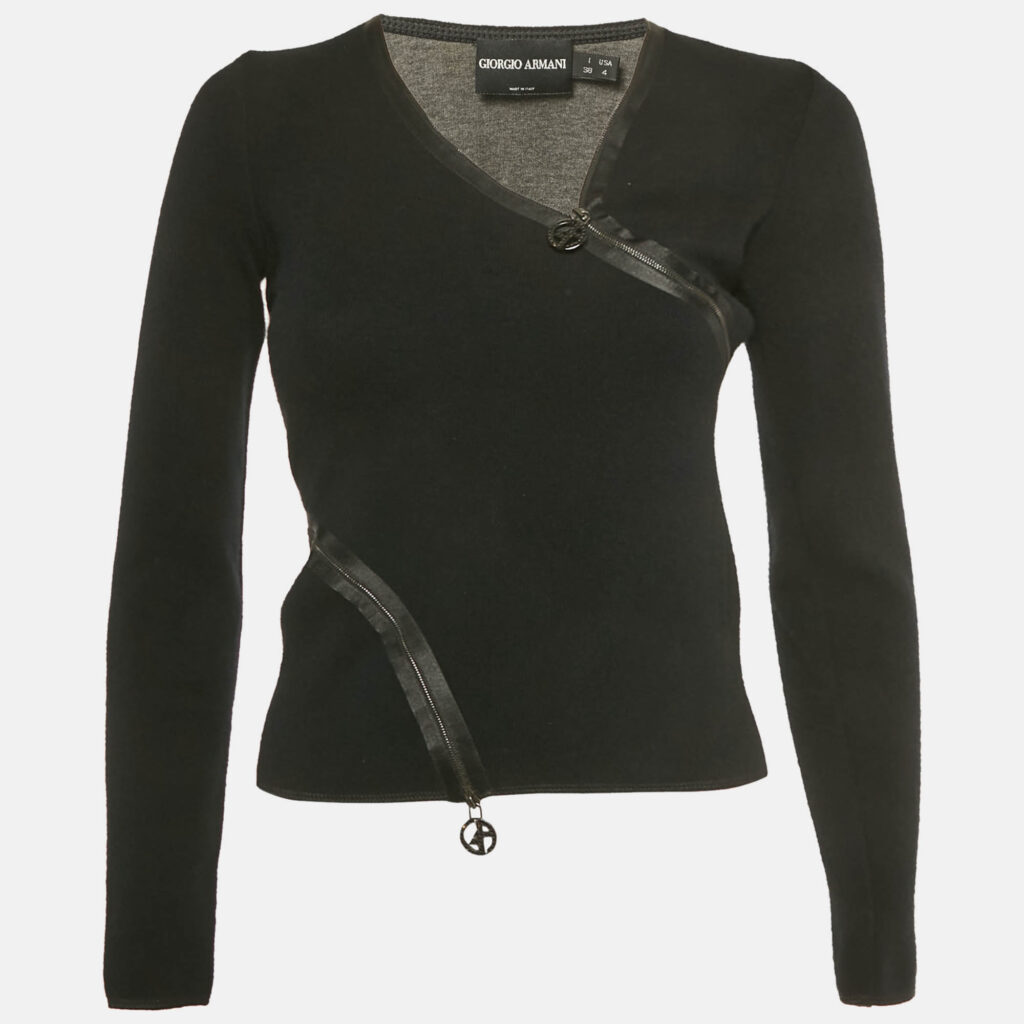 Giorgio Armani Black Cashmere Zip Detail Cardigan S