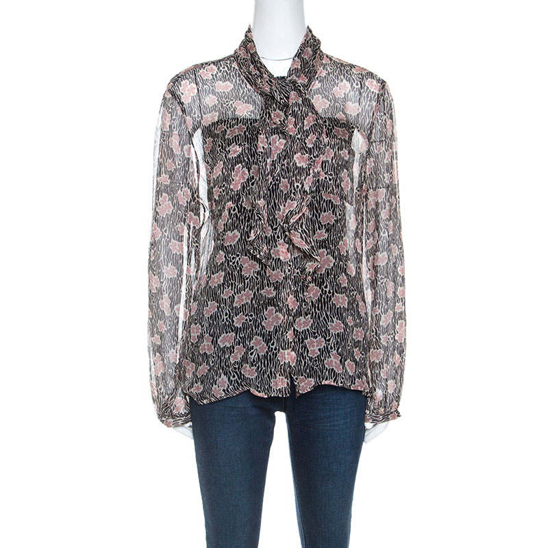Giorgio Armani Black and Pink Floral Print Sheer Silk Blouse L Giorgio Armani Black and Pink Floral Print Sheer Silk Blouse L