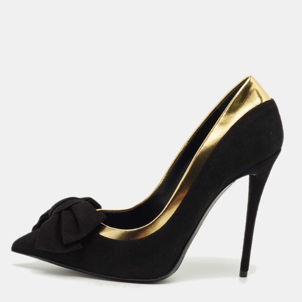 Giuseppe Zanotti Black/Gold Suede and Leather Bow Pumps Size 37.5 Giuseppe Zanotti Black/Gold Suede and Leather Bow Pumps Size 37.5