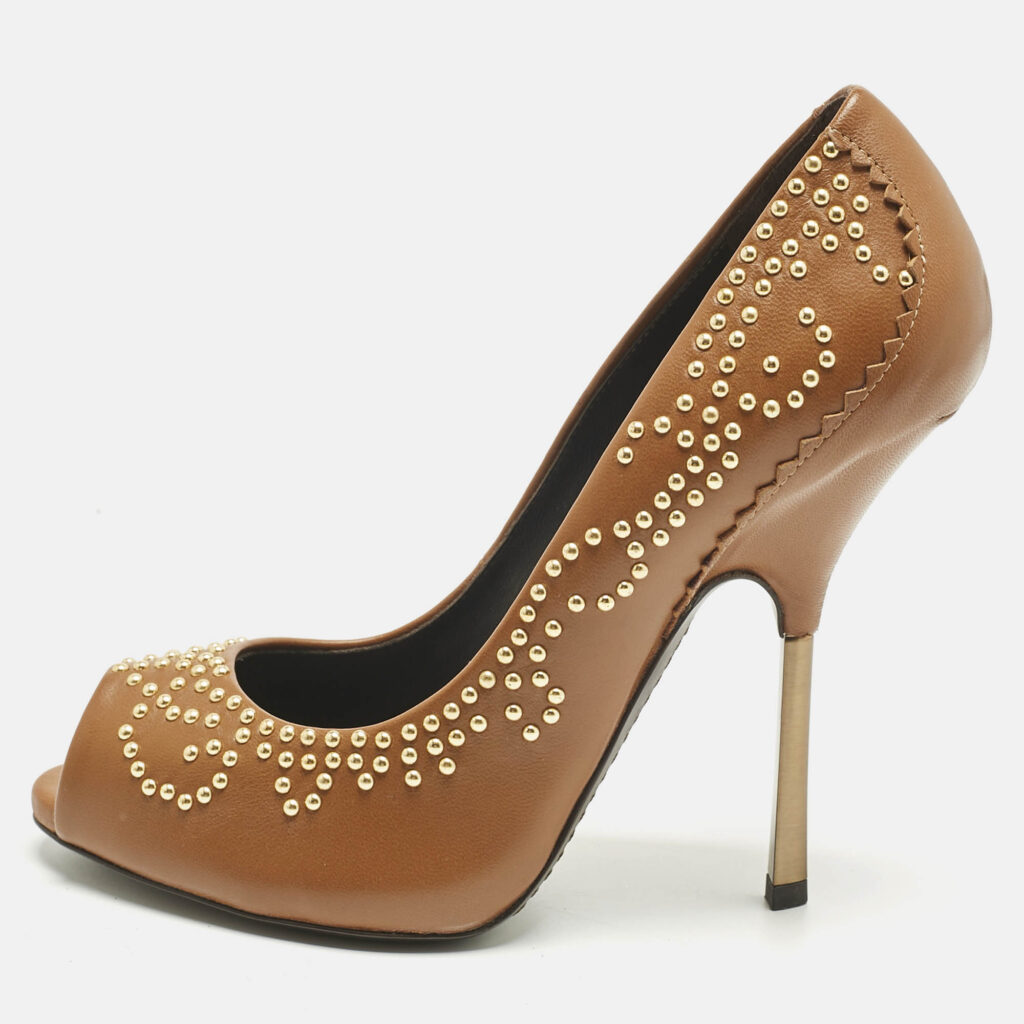 Giuseppe Zanotti Brown Leather Studded Peep Toe Pumps Size 38