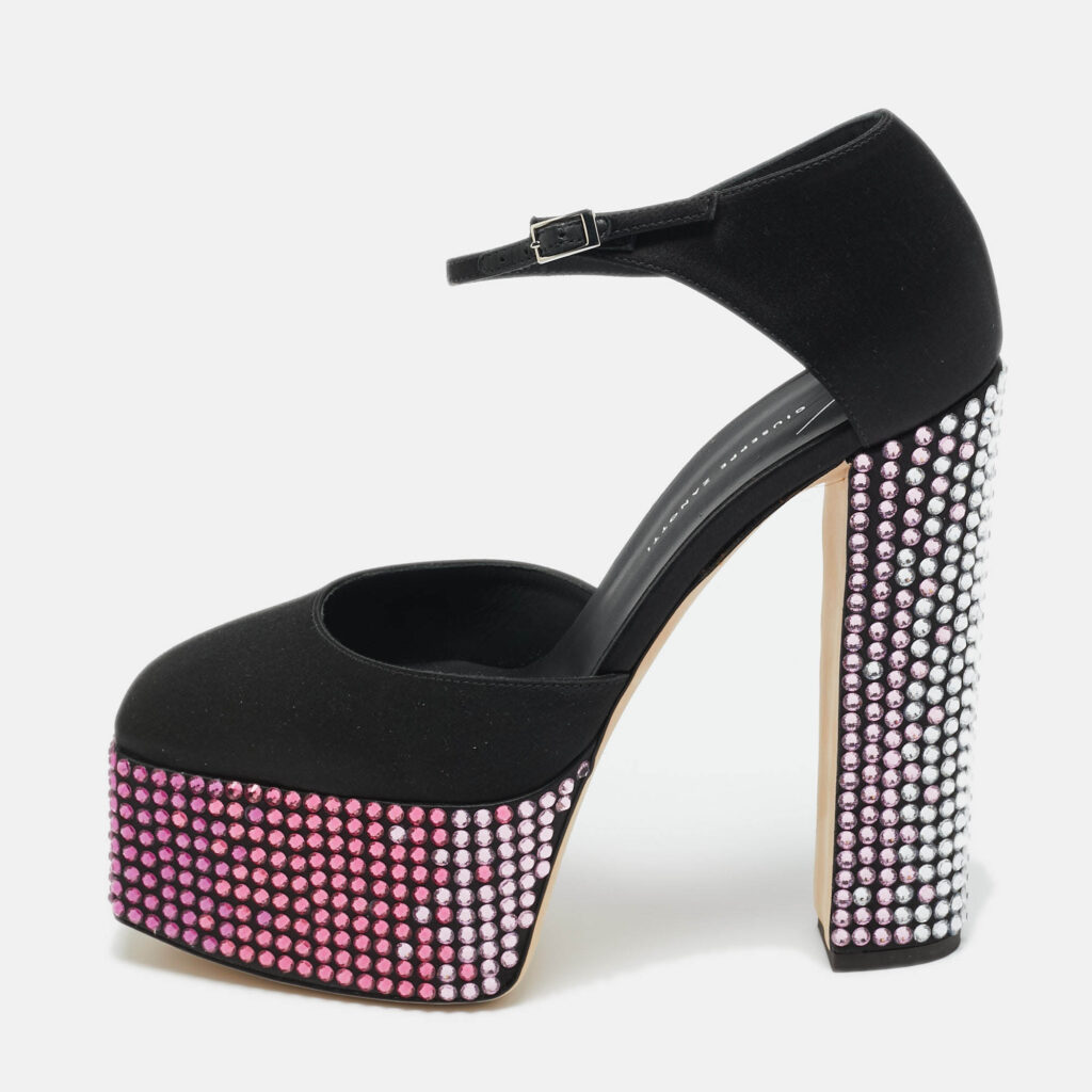 Giuseppe Zanotti Black Satin Crystal Embellished Platform Sandals 40