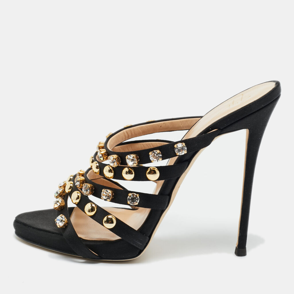 Giuseppe Zanotti Black Satin Camilla Crystal Slide Sandals Size 38.5 Giuseppe Zanotti Black Satin Camilla Crystal Slide Sandals Size 38.5