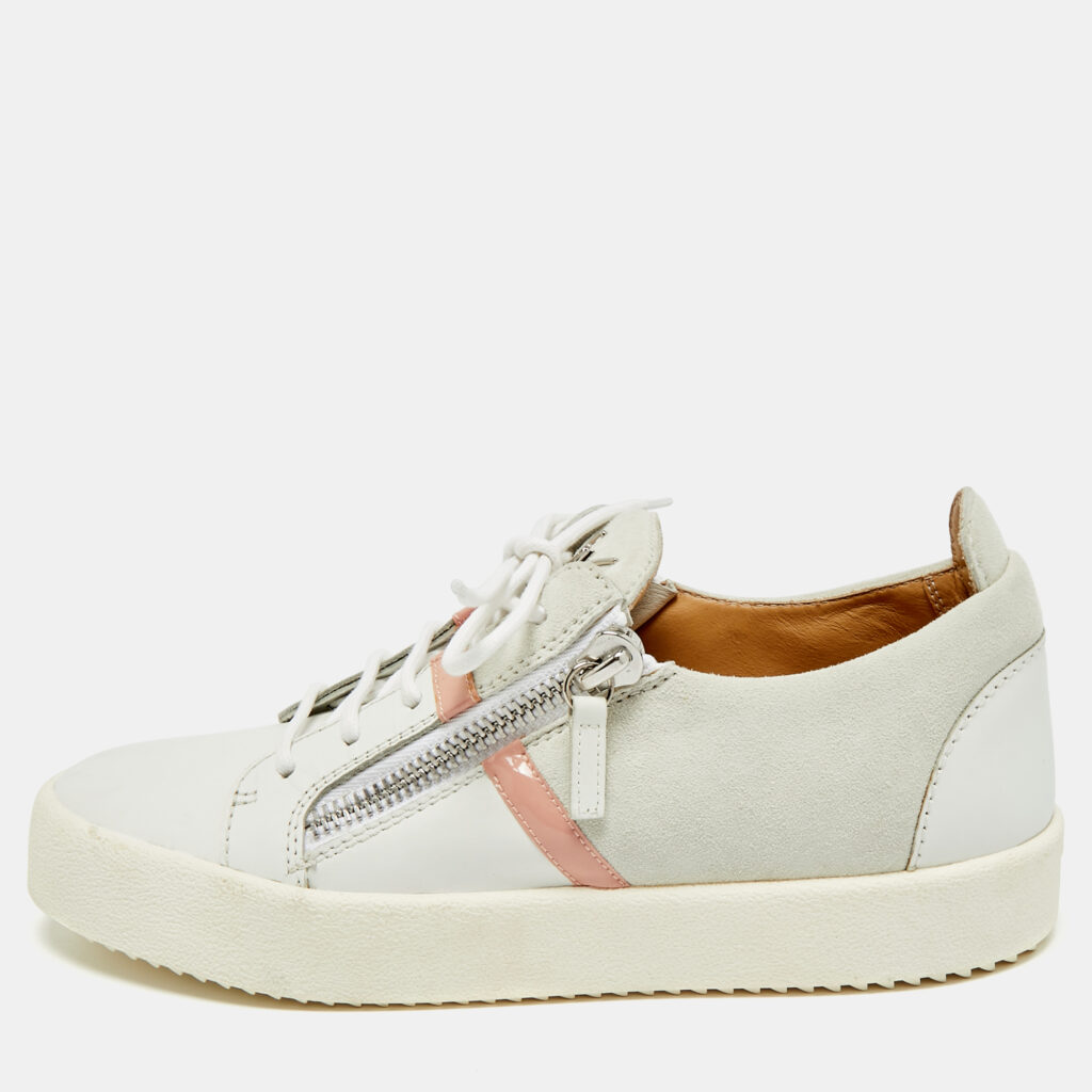 Giuseppe Zanotti Frankie Size 40 White/Grey Leather and Suede Lace Up Sneakers Giuseppe Zanotti Frankie Size 40 White/Grey Leather and Suede Lace Up Sneakers