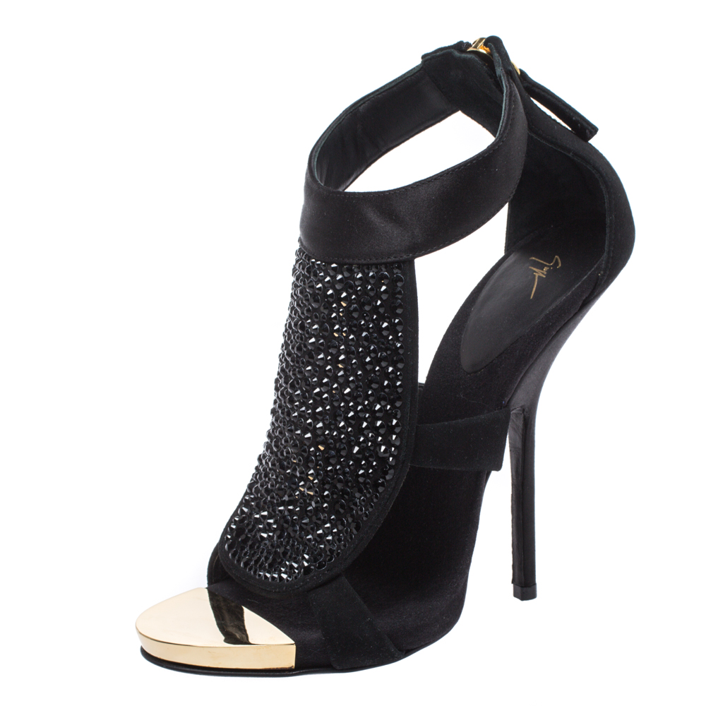 Giuseppe Zanotti Black Satin and Suede Crystal Embellished Ankle Strap Sandals Size 38 Giuseppe Zanotti Black Satin and Suede Crystal Embellished Ankle Strap Sandals Size 38