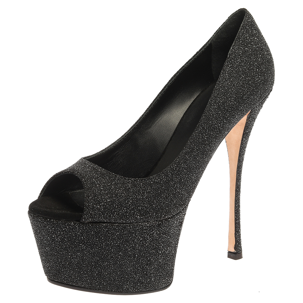 Giuseppe Zanotti Black Glittered Suede Open Toe Platform Pumps Size 39 Giuseppe Zanotti Black Glittered Suede Open Toe Platform Pumps Size 39