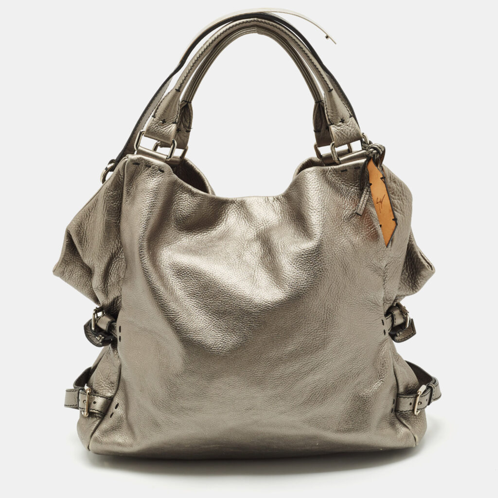 Giuseppe Zanotti Metallic Grey Leather Metal Handle Hobo