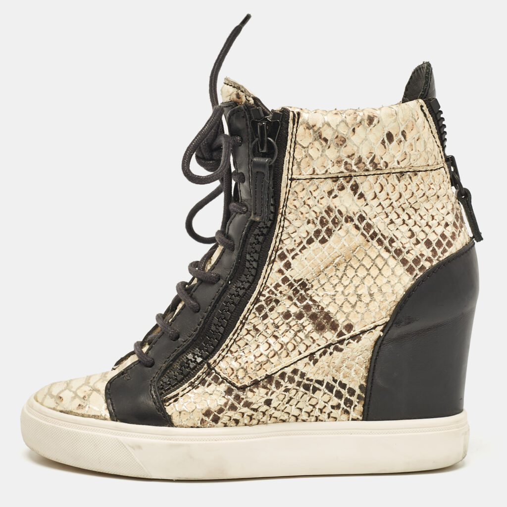 Giuseppe Zanotti Cream/Black Leather and Python Embossed Leather Coby Sneakers Size 36.5