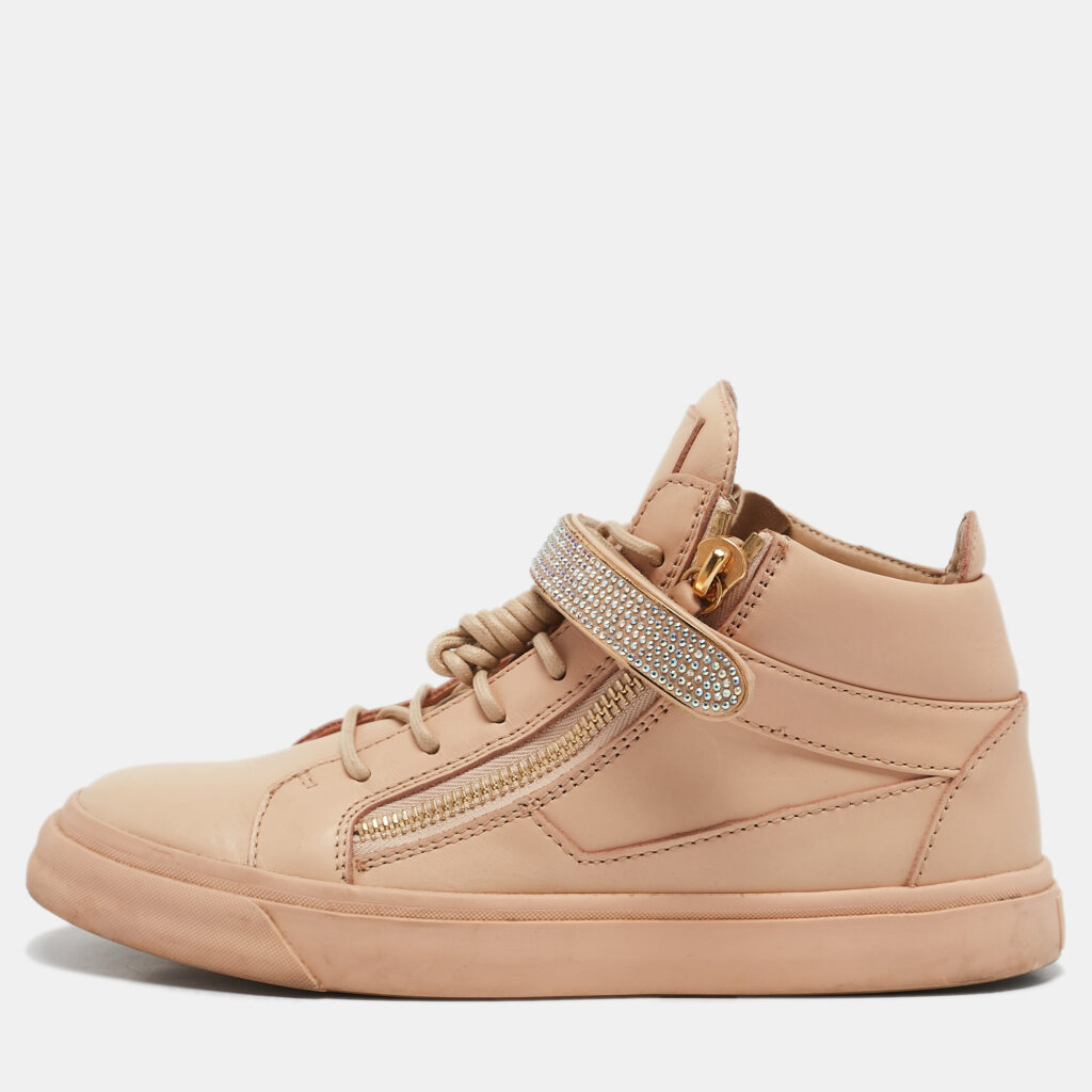Giuseppe Zanotti Beige Leather Crystal Embellished Coby High Top Sneakers Size 40