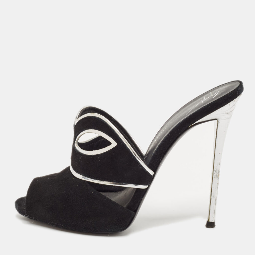 Giuseppe Zanotti Black/Silver Suede and Leather Peep Toe Mules Size 39