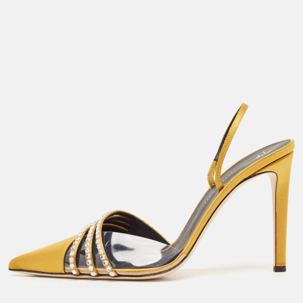 Giuseppe Zanotti Gold Satin Crystal Embellished Slingback Pumps Size 41 Giuseppe Zanotti Gold Satin Crystal Embellished Slingback Pumps Size 41