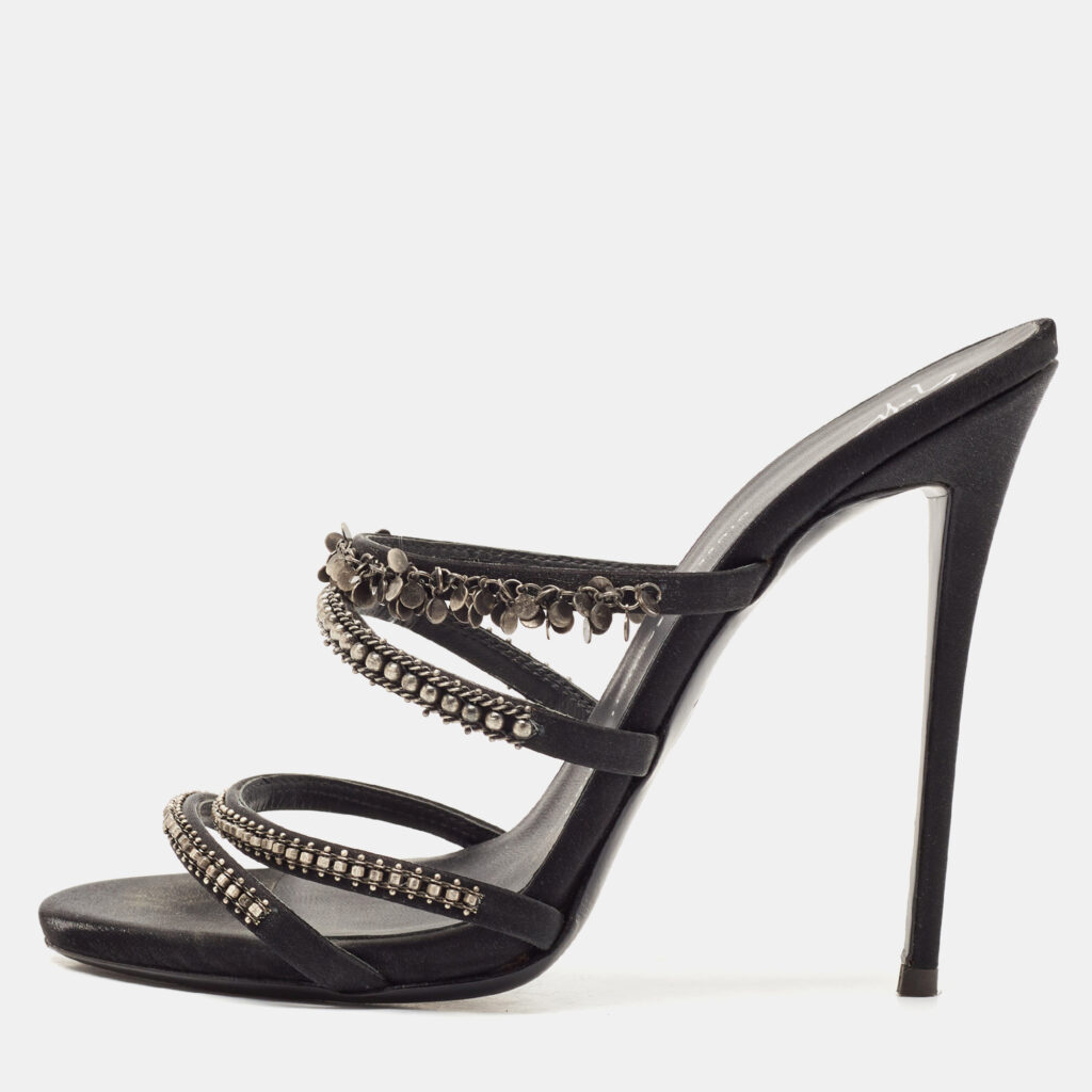 Giuseppe Zanotti Black Satin Embellished Slide Sandals Size 39 Giuseppe Zanotti Black Satin Embellished Slide Sandals Size 39